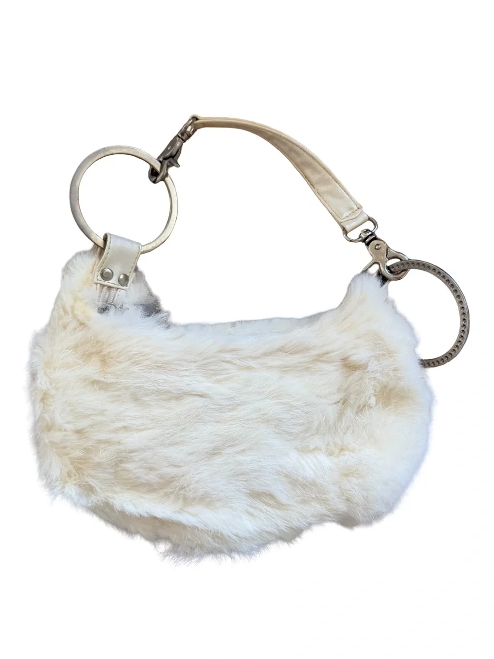 White Real Fur Hobo Shoulder Bag - Soft Plush Style 90s Y2K